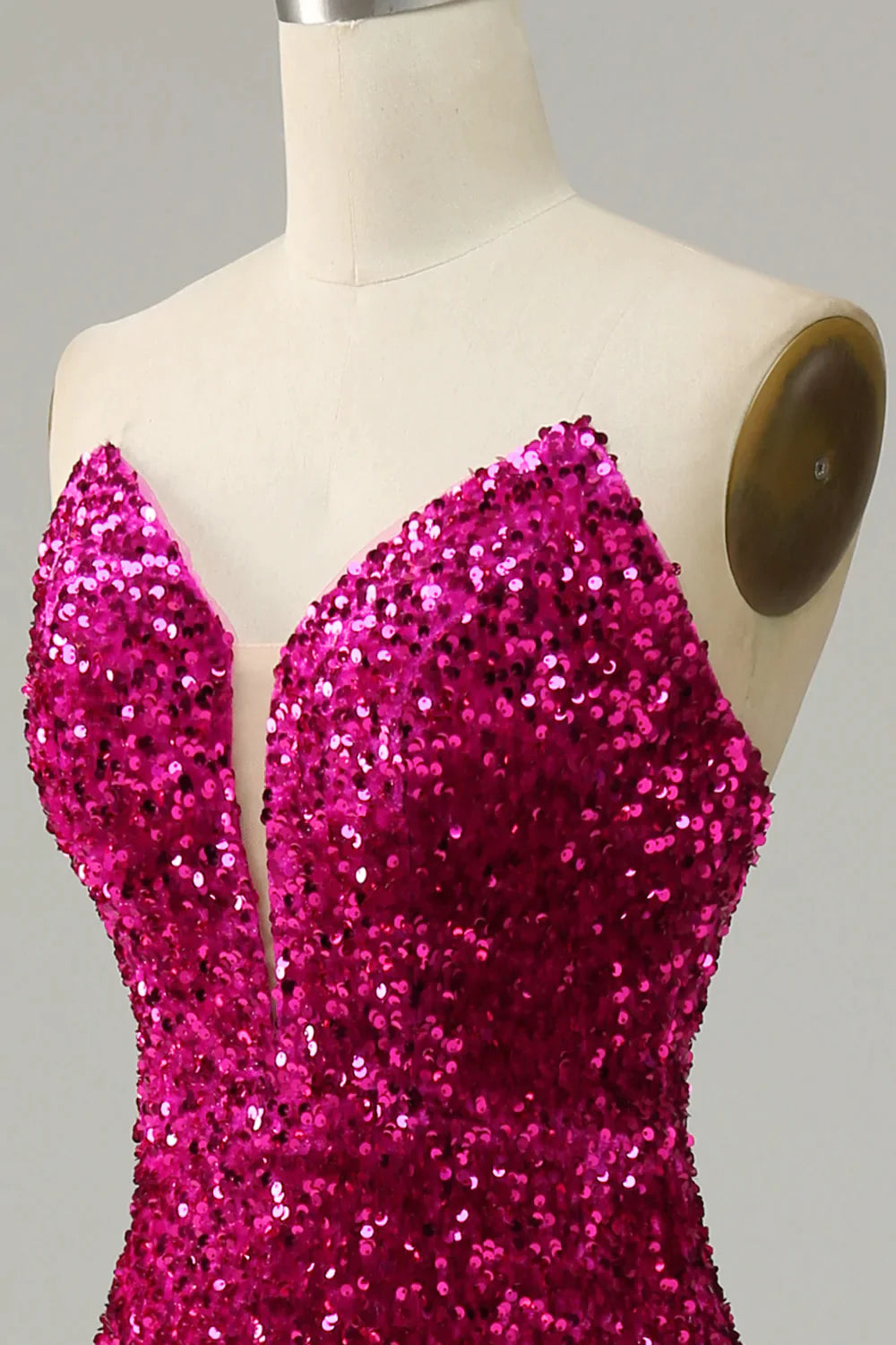 Fuchsia Strapless Sequins Prom Dress with Slit