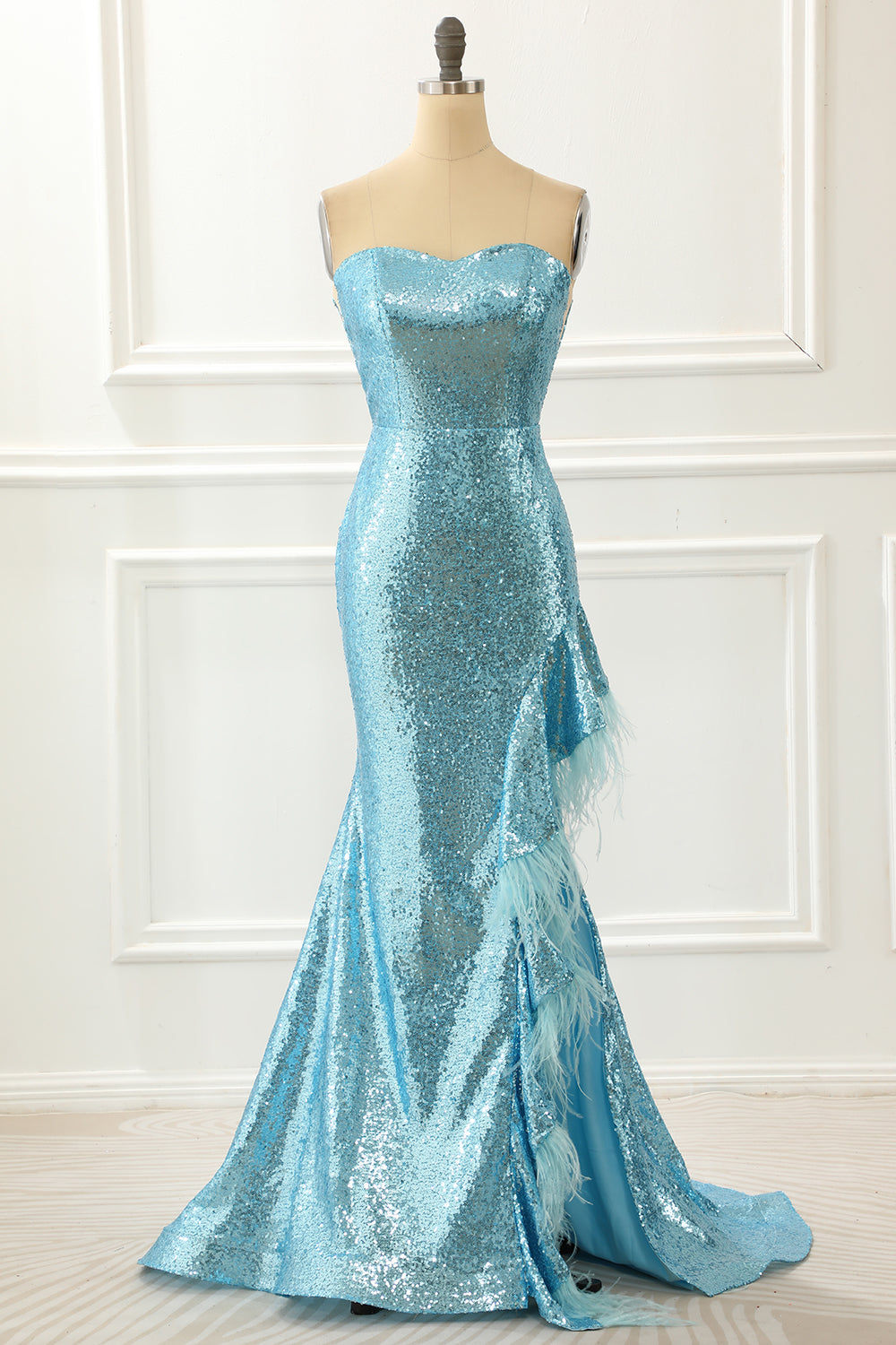 Strapless Blue Sequin Mermaid Prom Dress With Feathers