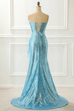 Strapless Blue Sequin Mermaid Prom Dress With Feathers