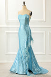 Strapless Blue Sequin Mermaid Prom Dress With Feathers