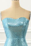 Strapless Blue Sequin Mermaid Prom Dress With Feathers