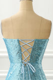 Strapless Blue Sequin Mermaid Prom Dress With Feathers