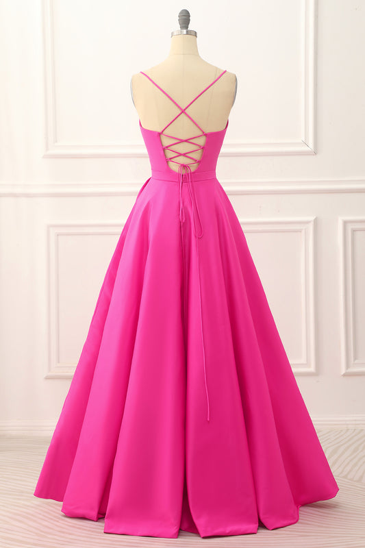 Hot Pink A-line Satin Prom Dress with Slit