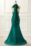 Halter Dark Green Satin Mermaid Prom Dress With Slit