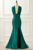 Halter Dark Green Satin Mermaid Prom Dress With Slit