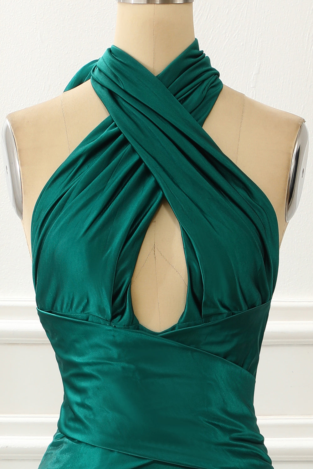 Halter Dark Green Satin Mermaid Prom Dress With Slit