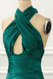 Halter Dark Green Satin Mermaid Prom Dress With Slit