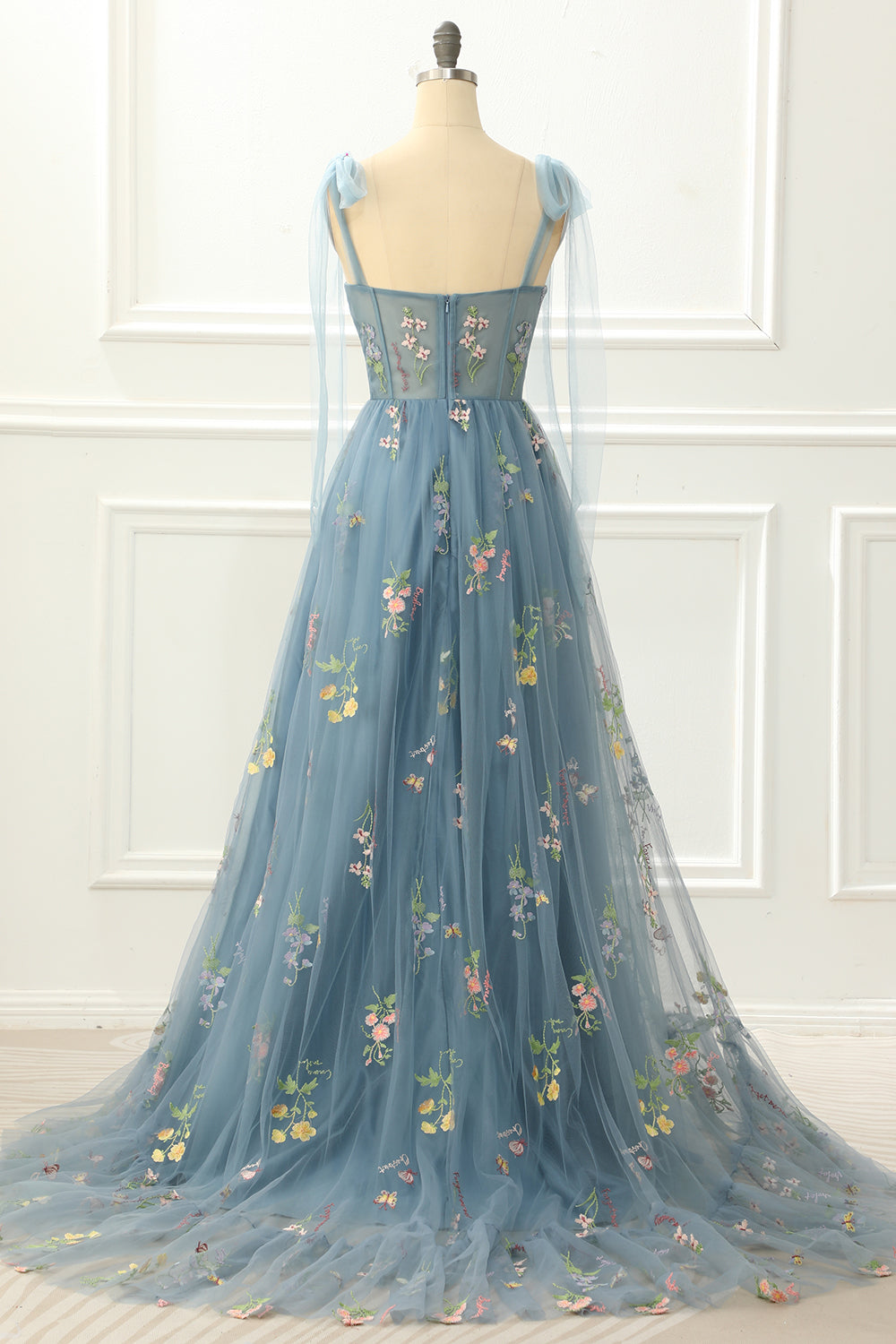 A-Line Grey Blue Princess Prom Dress With Embroidery