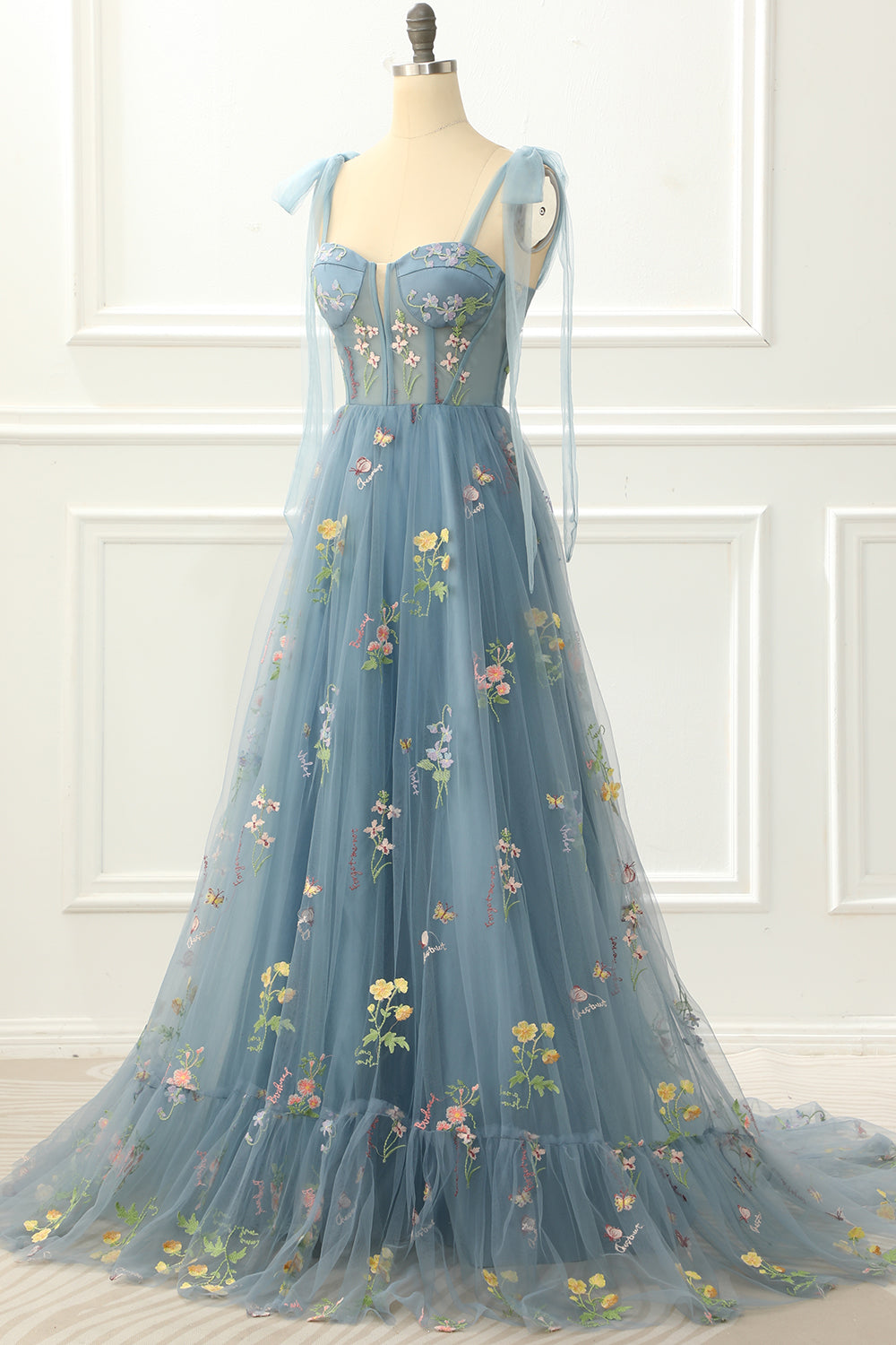 A-Line Grey Blue Princess Prom Dress With Embroidery