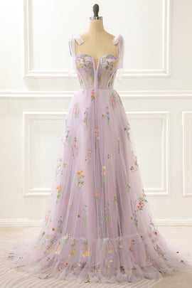 A-Line Lavender Princess Prom Dress With Embroidery