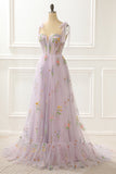 A-Line Lavender Princess Prom Dress With Embroidery