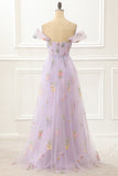 A Line Tulle Off Shoulder Lavender Prom Dress with Embroidered