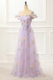 A Line Tulle Off Shoulder Lavender Prom Dress with Embroidered