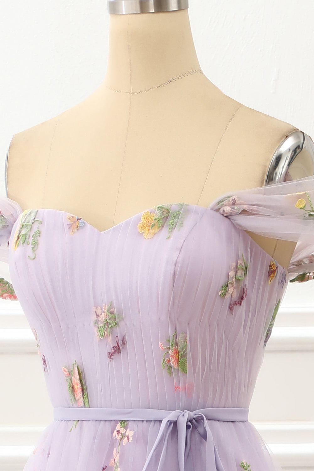 A Line Tulle Off Shoulder Lavender Prom Dress with Embroidered