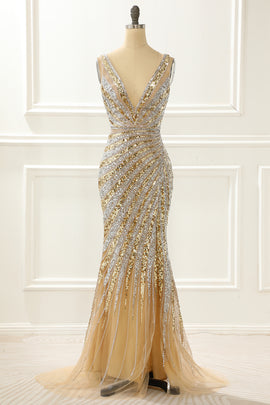 Golden Mermaid Sequin Prom Dress with Silt