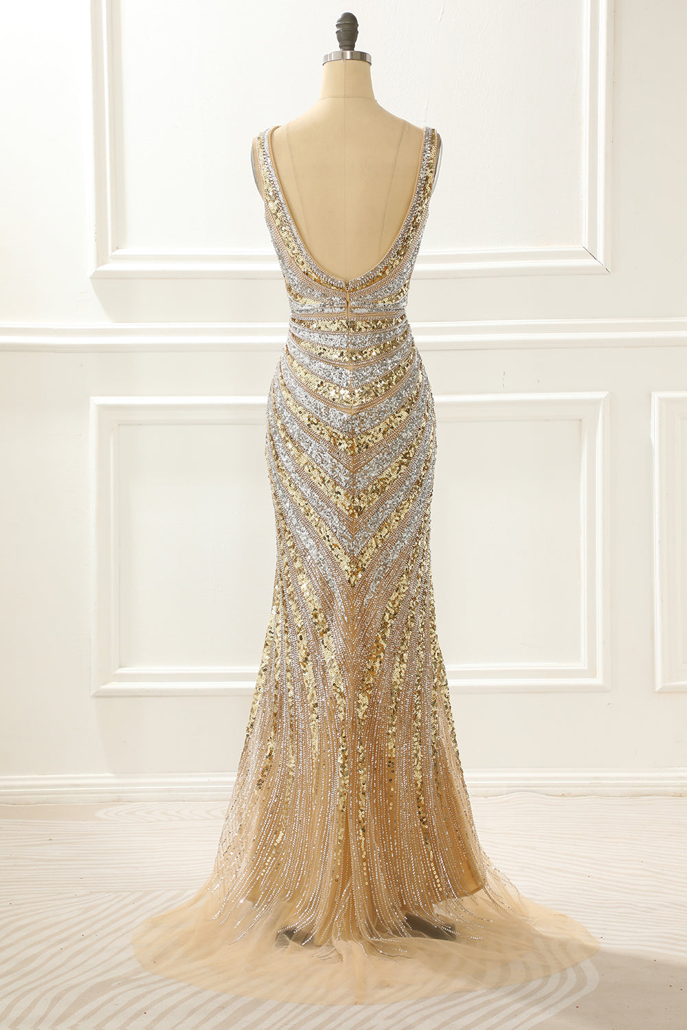 Golden Mermaid Sequin Prom Dress with Silt