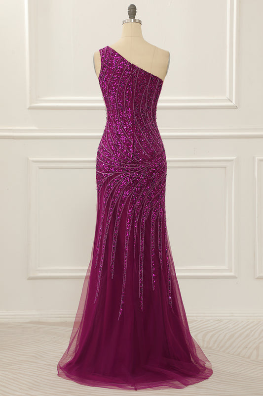 One Shoulder Purple Beaded Prom Dress with Slit