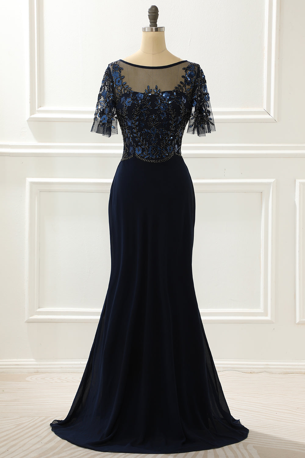 Navy Sequin Mermaid Prom Dress With Beading