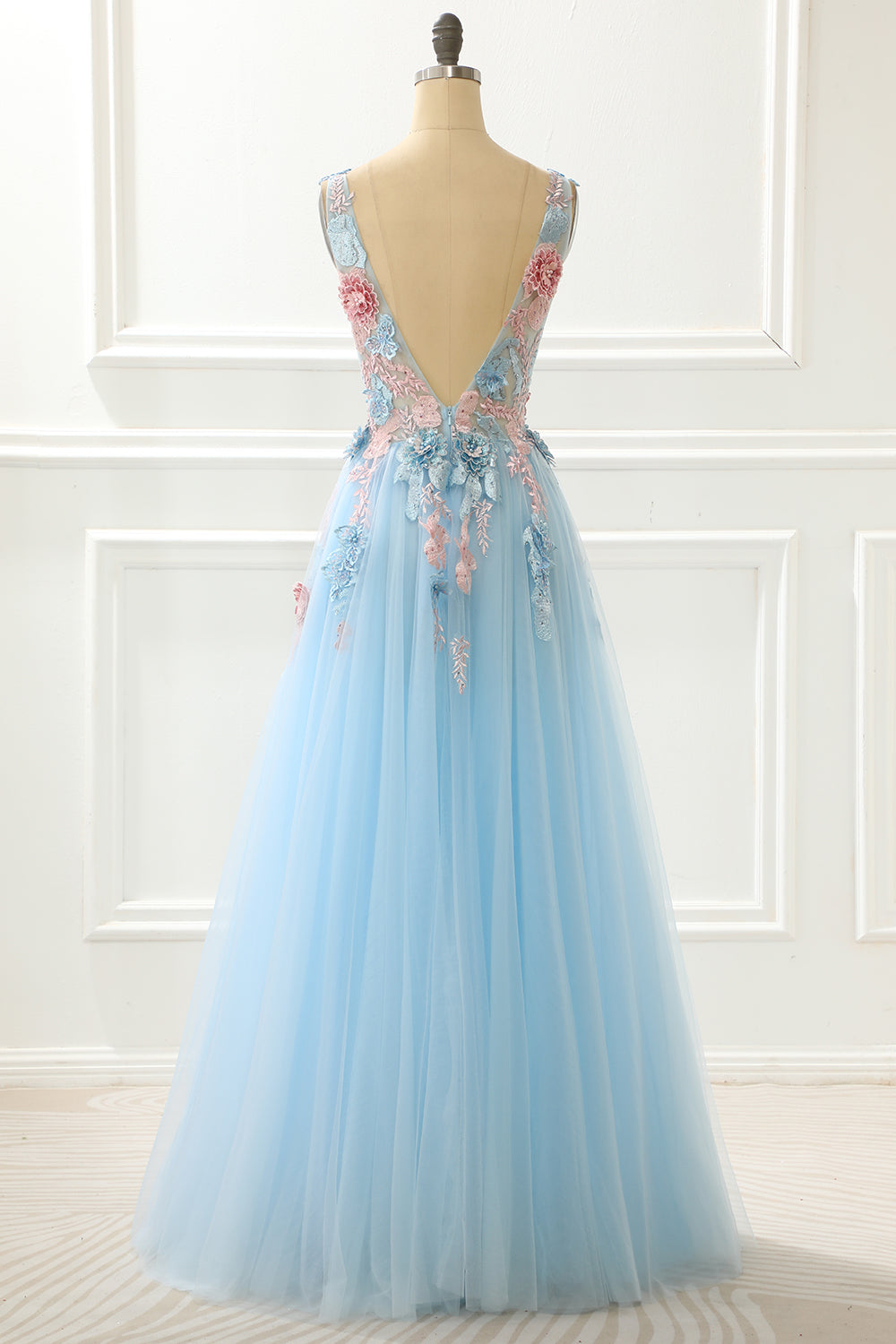 A-Line Blue Princess Prom Dress With Appliques