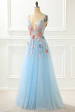 A-Line Blue Princess Prom Dress With Appliques