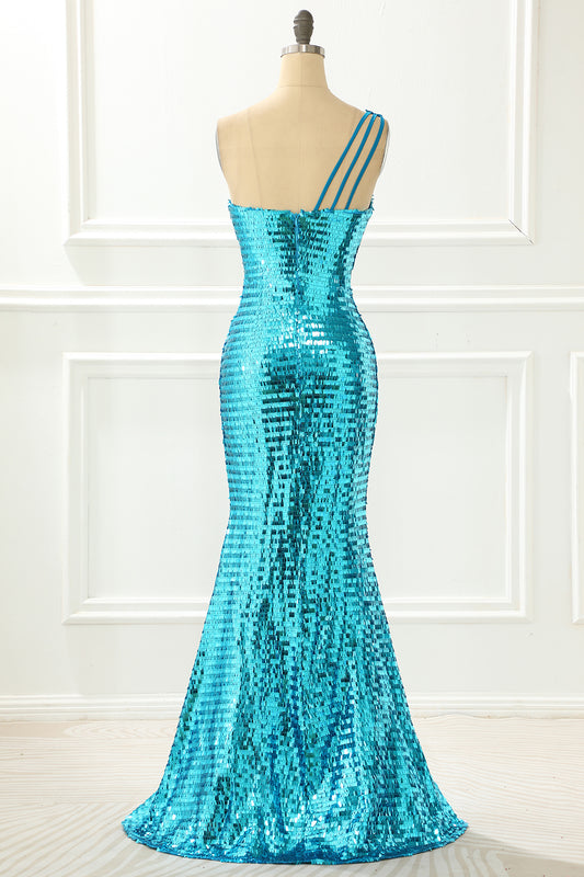 One Shoulder Blue Sparkly Prom Dress with Slit