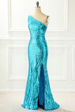 One Shoulder Blue Sparkly Prom Dress with Slit