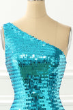 One Shoulder Blue Sparkly Prom Dress with Slit