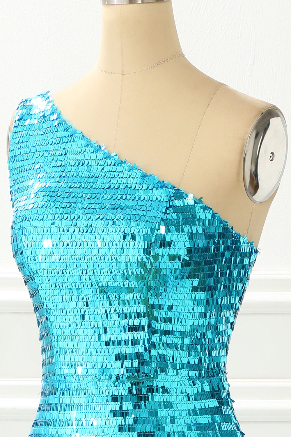 One Shoulder Blue Sparkly Prom Dress with Slit