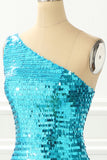 One Shoulder Blue Sparkly Prom Dress with Slit