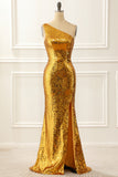 One Shoulder Gold Sparkly Prom Dress with Slit