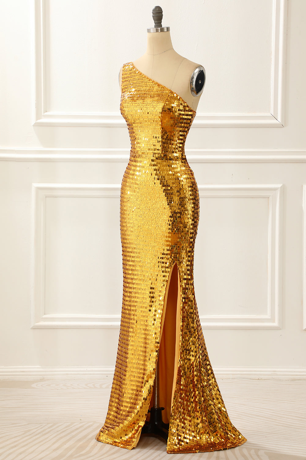 One Shoulder Gold Sparkly Prom Dress with Slit