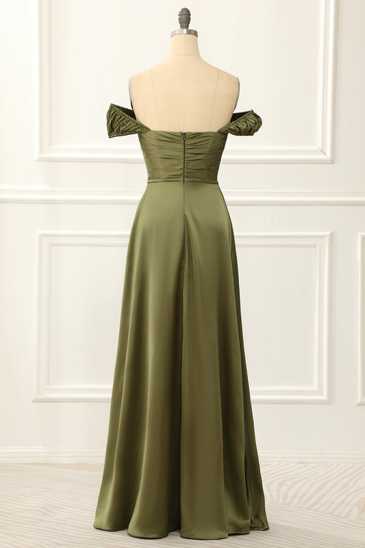 Green Off Shoulder Satin Simple Prom Dress