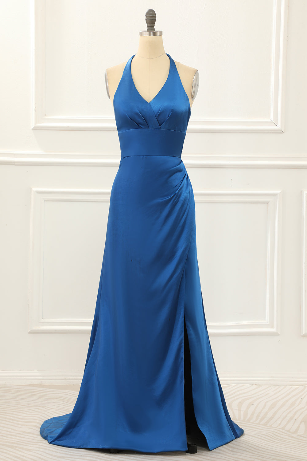 Royal Blue Halter Simple Prom Dress with Slit