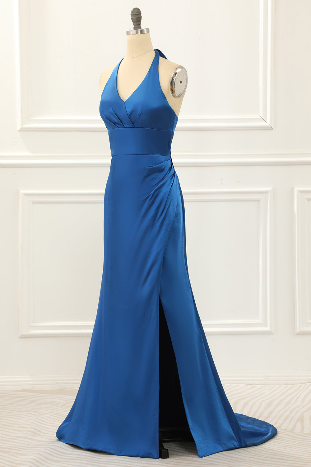 Blue halter hot sale prom dress