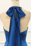 Royal Blue Halter Simple Prom Dress with Slit