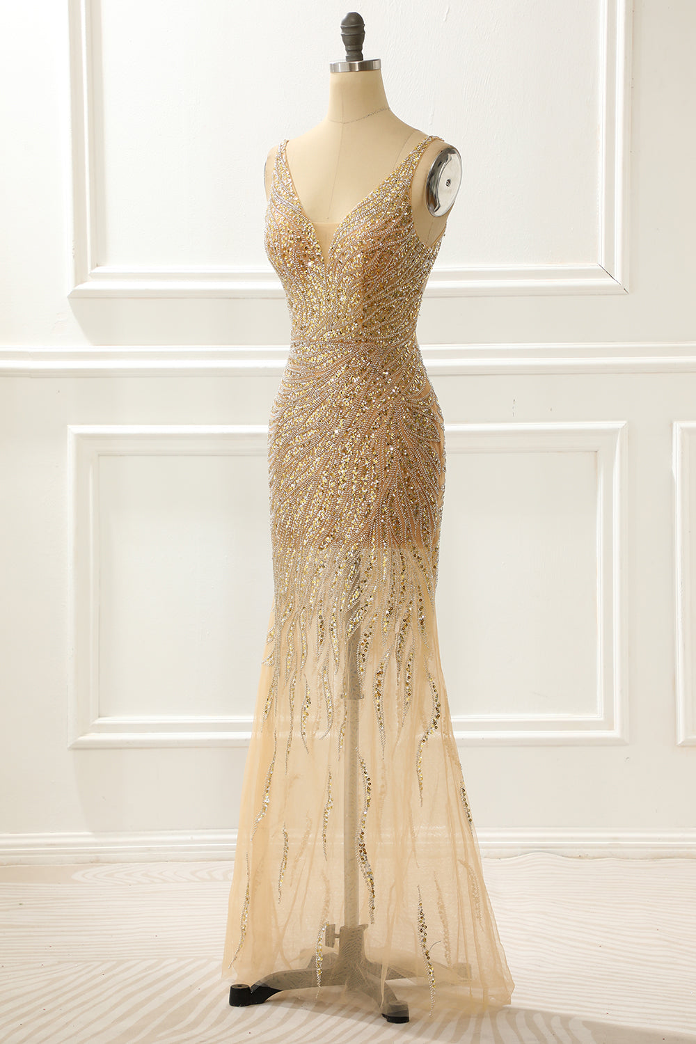 Golden Sparkly Prom Dress With Open Back