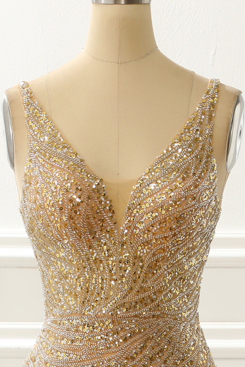 Golden Sparkly Prom Dress With Open Back