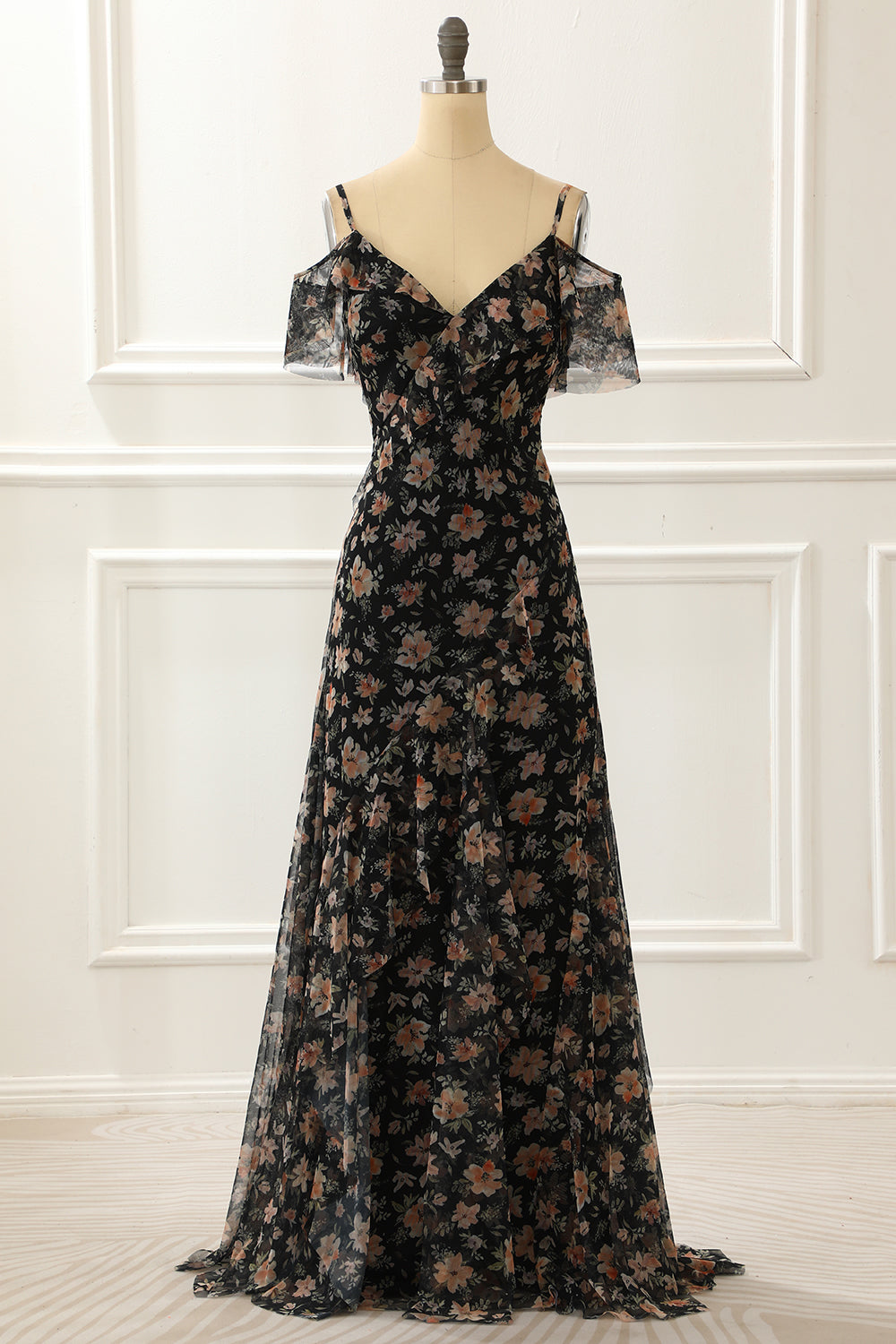 Off The Shoulder Black A Line Prom Dress with Floral