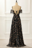 Off The Shoulder Black A Line Prom Dress with Floral