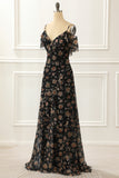 Off The Shoulder Black A Line Prom Dress with Floral