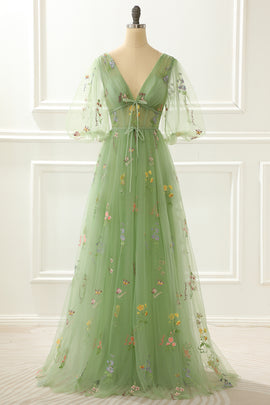 A-Line Green Princess Prom Dress with Embroidery