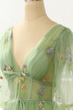 A-Line Green Princess Prom Dress with Embroidery