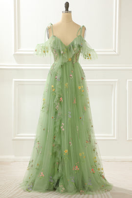 A-Line Embroidery Green Prom Dress with Slit