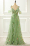 A-Line Embroidery Green Prom Dress with Slit