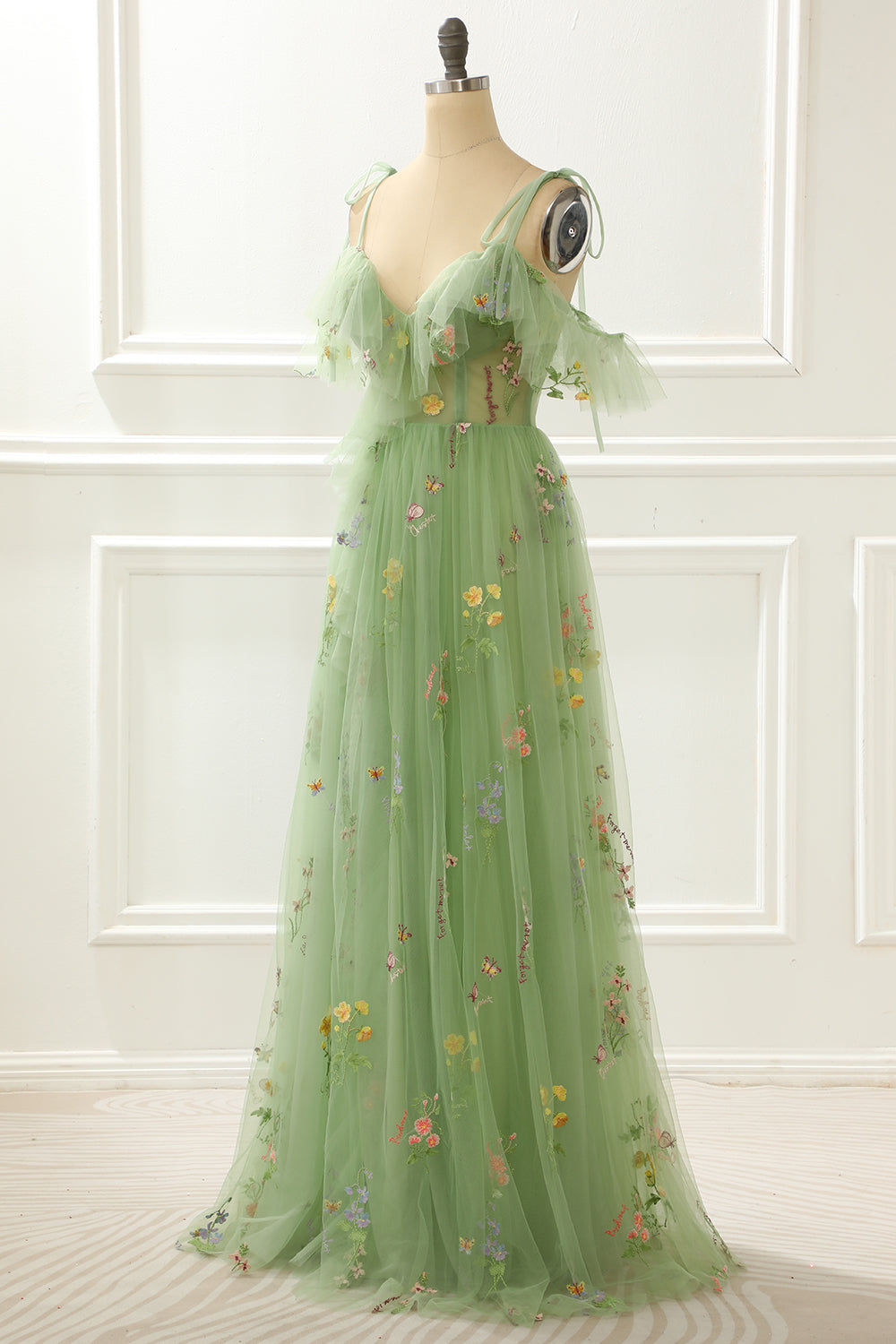 A-Line Embroidery Green Prom Dress with Slit