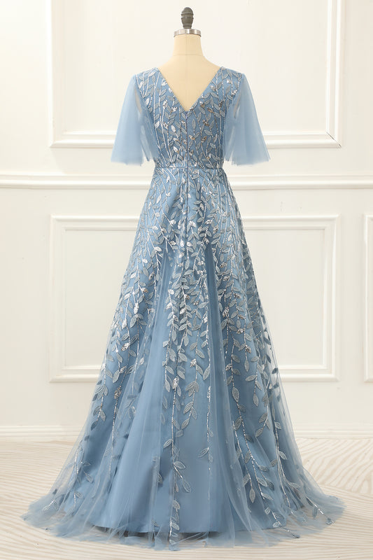 Blue A Line Tulle Prom Dress with Lace Appliques