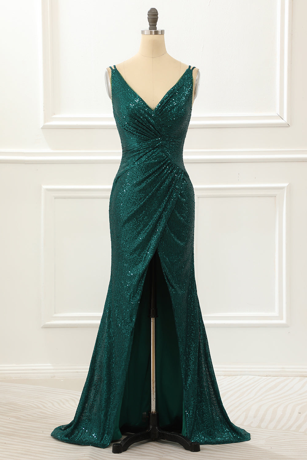 Dark Green Spaghetti Straps Saprkly Prom Dress With Slit