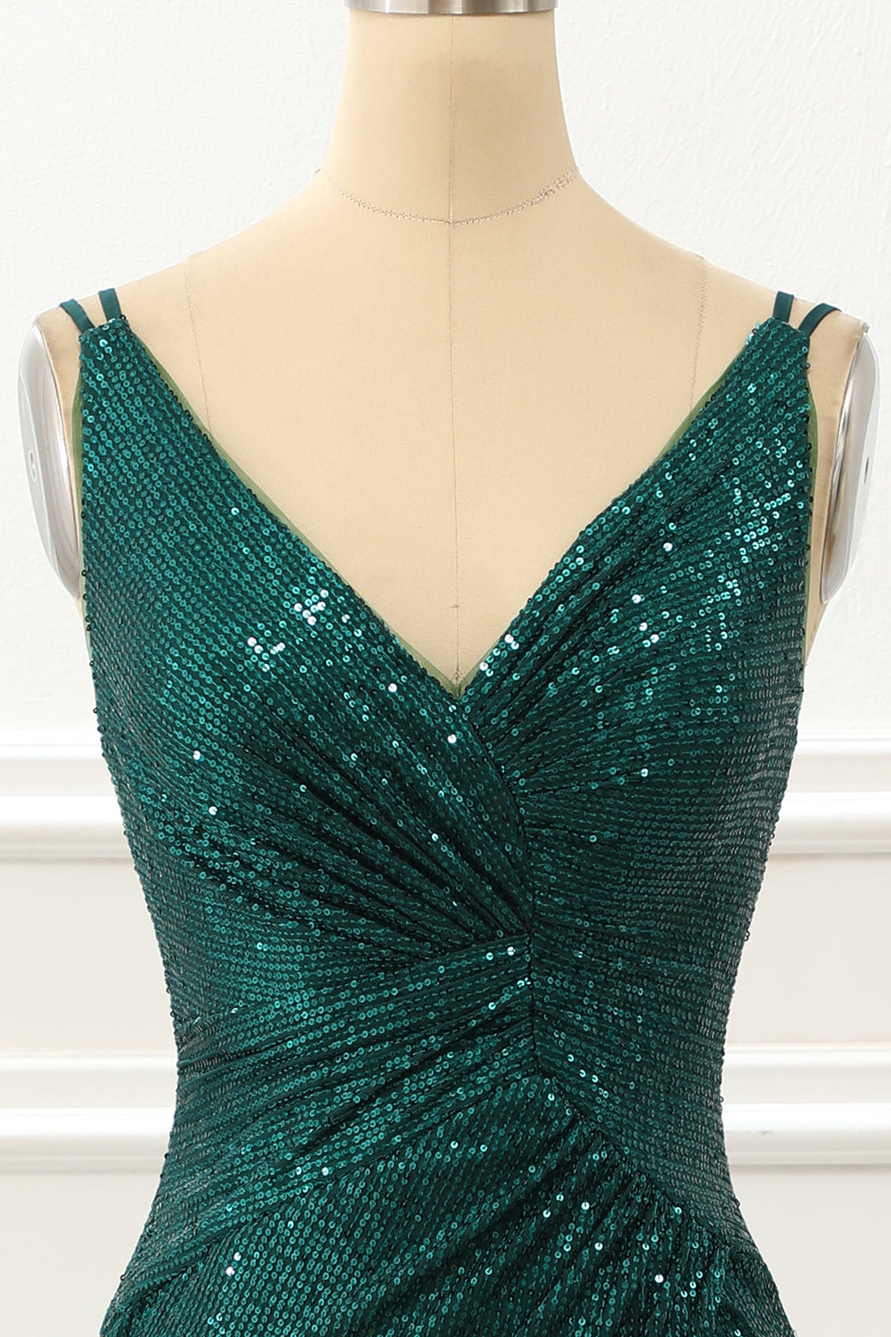 Dark Green Spaghetti Straps Saprkly Prom Dress With Slit