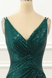 Dark Green Spaghetti Straps Saprkly Prom Dress With Slit