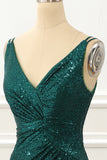 Dark Green Spaghetti Straps Saprkly Prom Dress With Slit